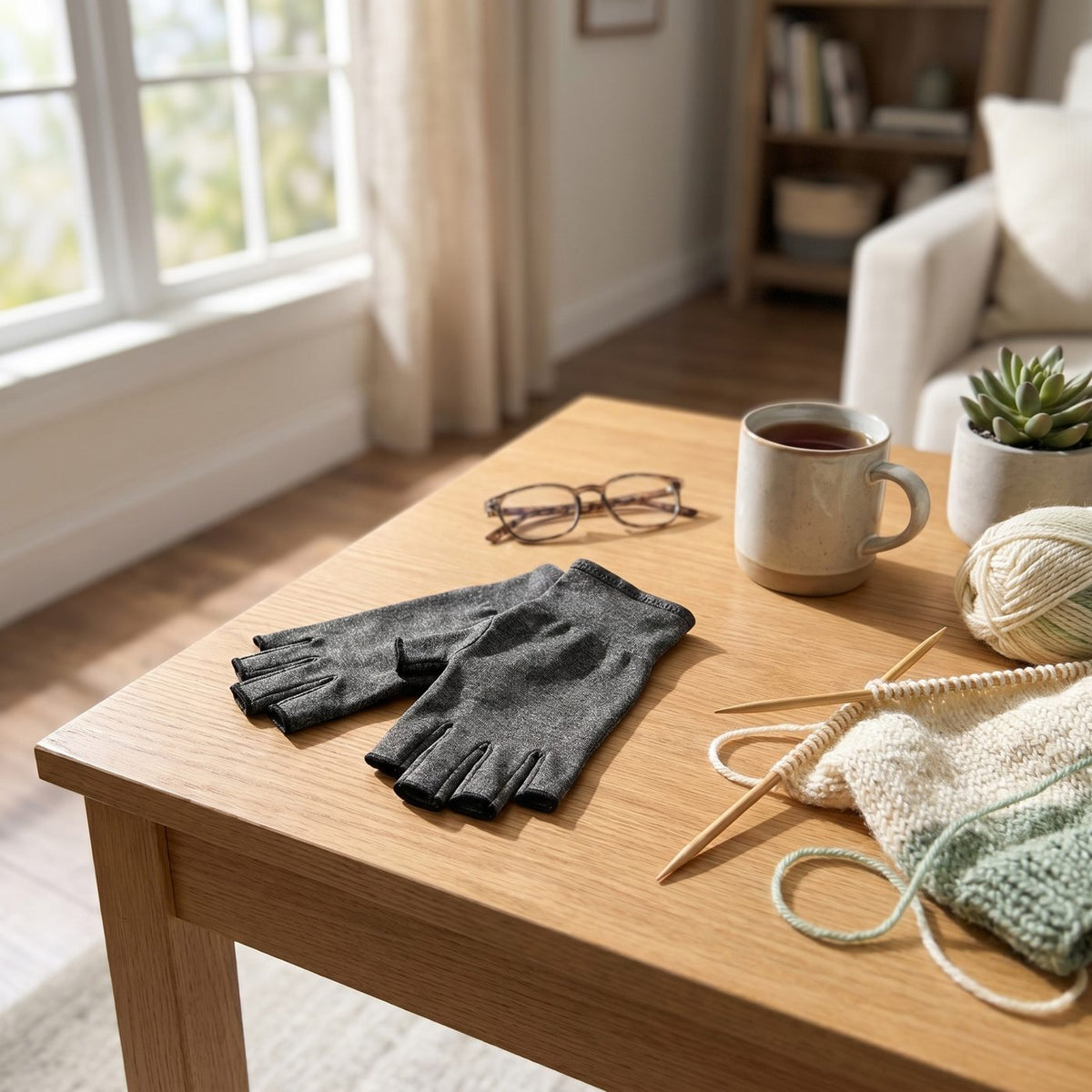 Gants de compression Sameo posés sur une table en bois à côté d'un tricot et d'une tasse de thé