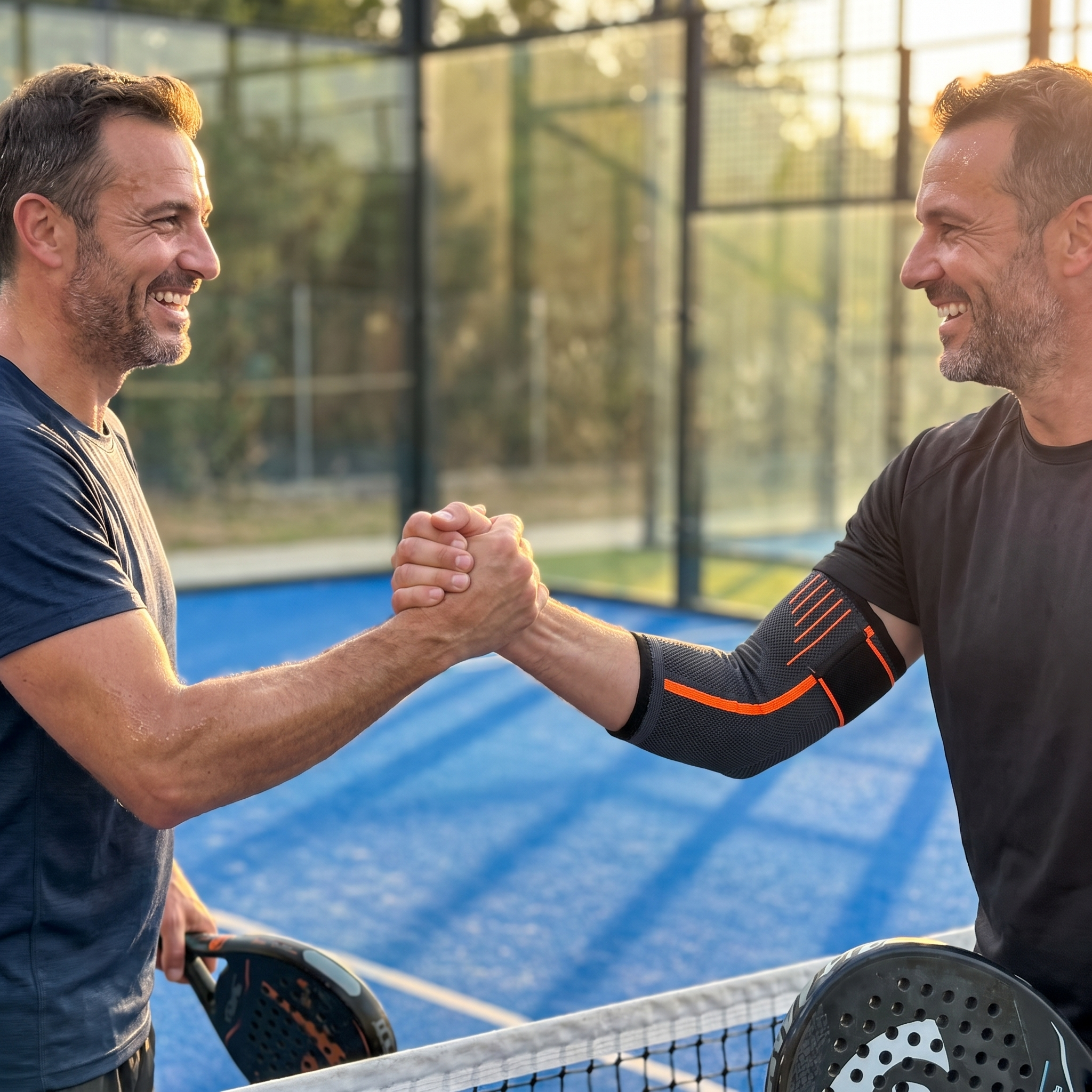 Poignée de main après le match, coudière Sameo visible — finissez vos matchs avec l'envie d'y retourner