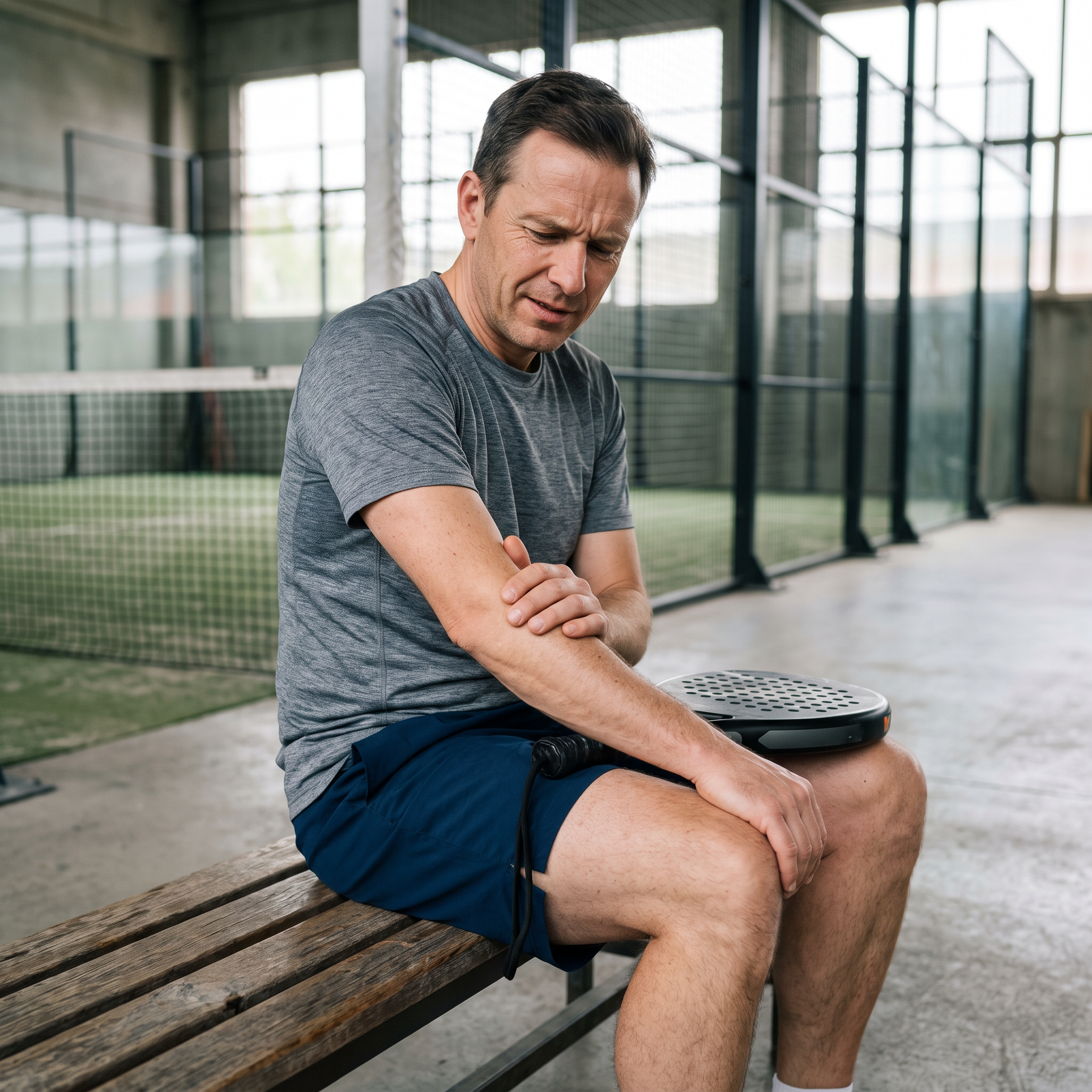 Joueur de padel se tenant l'avant-bras au bord du terrain — la douleur au point d'insertion