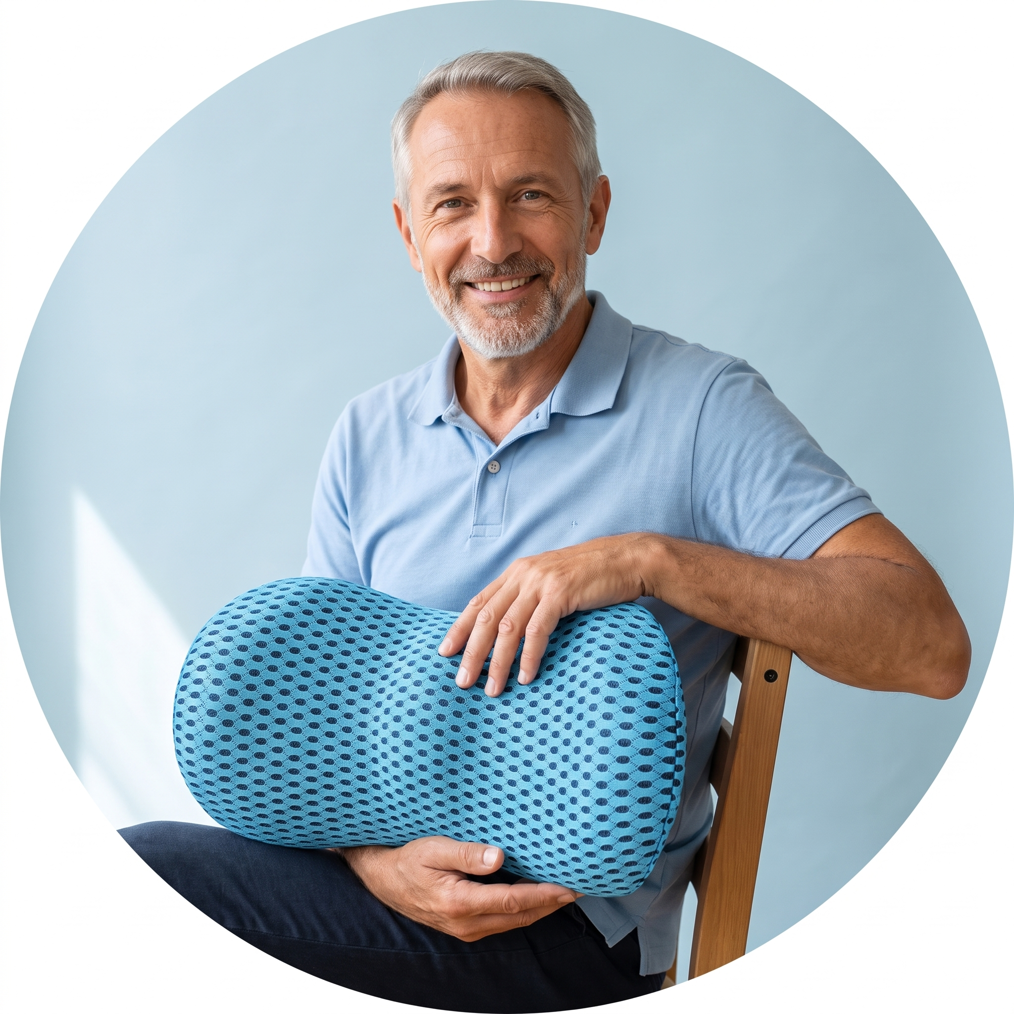 Homme souriant présentant le coussin lombaire Sameo