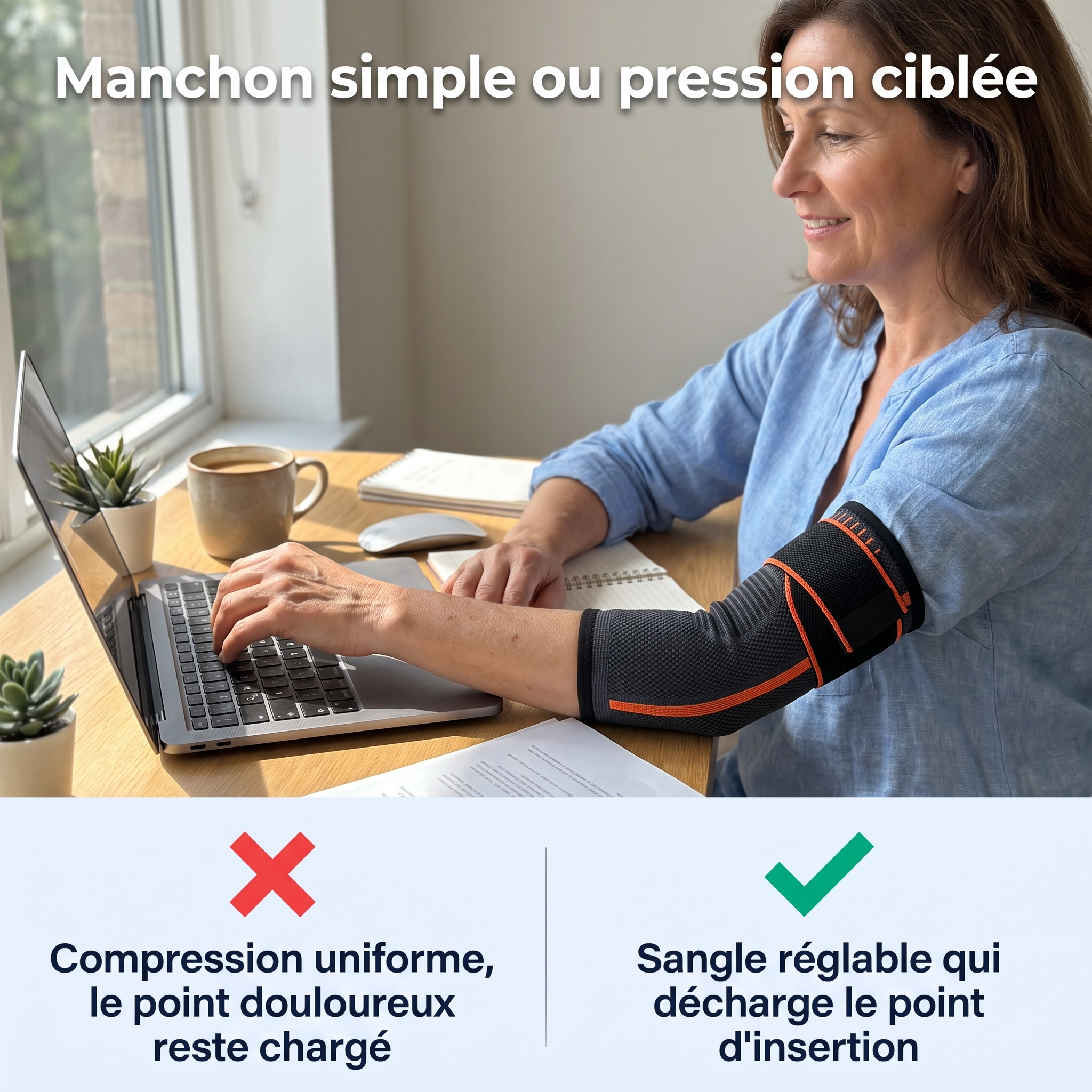 Manchon simple ou pression ciblée — comparatif coudière au bureau