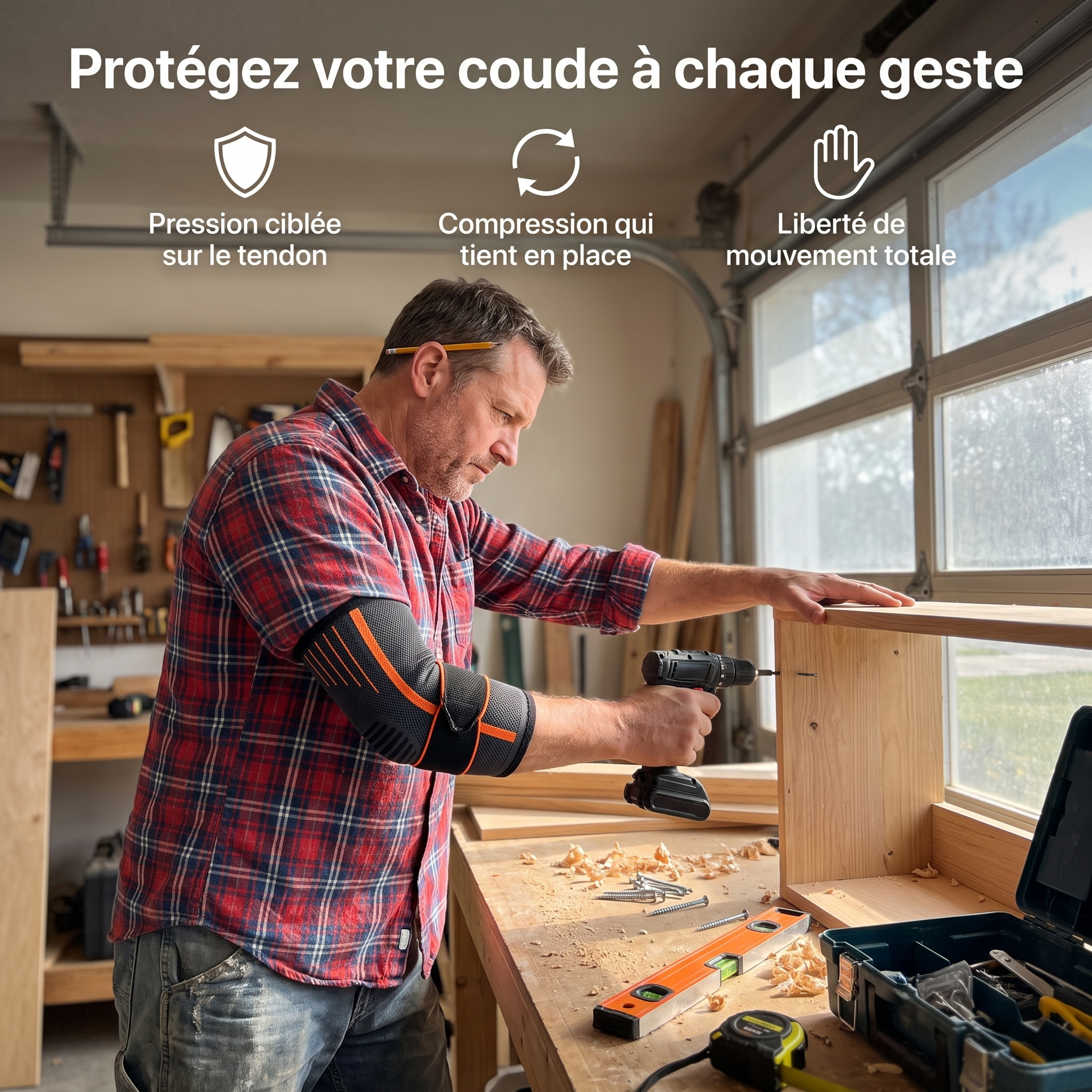 Coudière Sameo portée pendant le bricolage — protège le coude à chaque geste