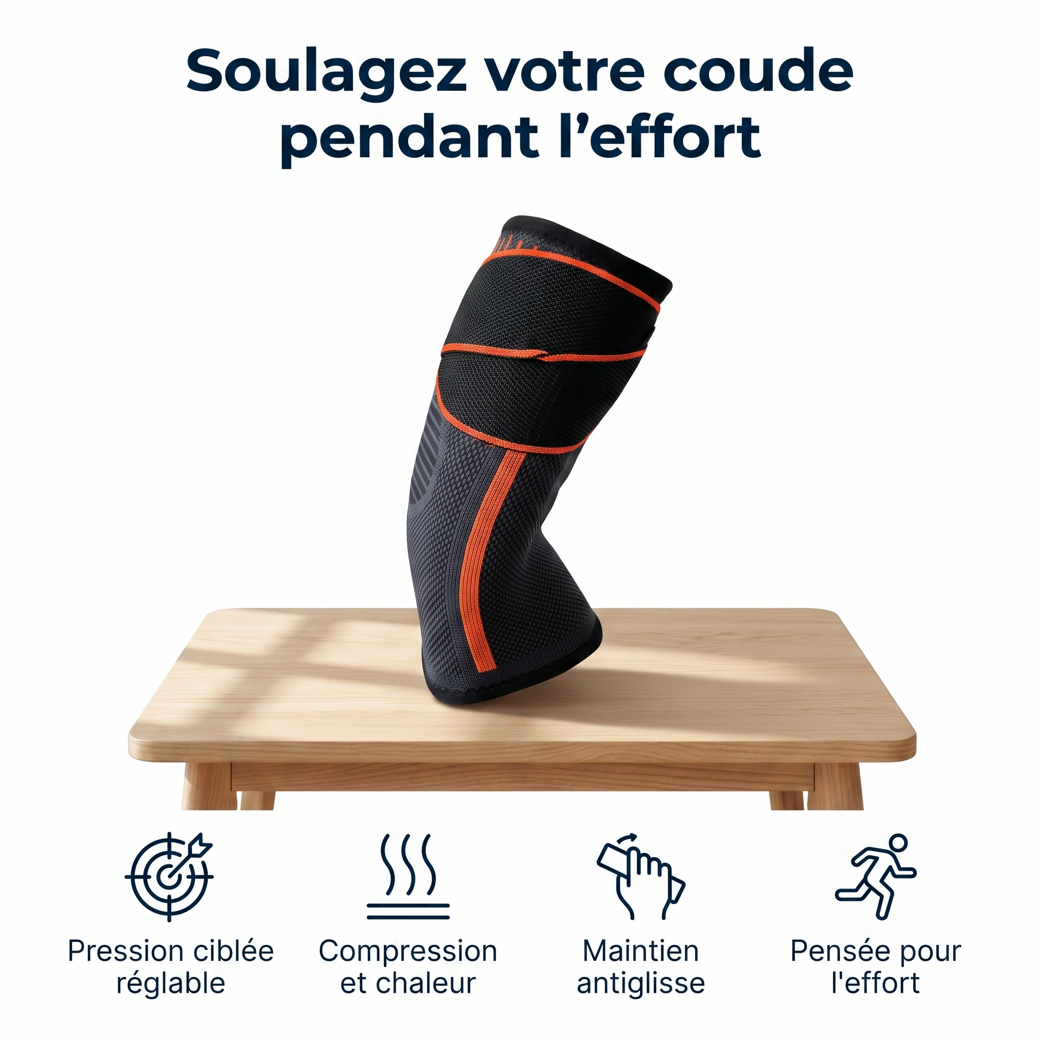 Infographie — soulagez votre coude pendant l'effort, 4 bénéfices clés