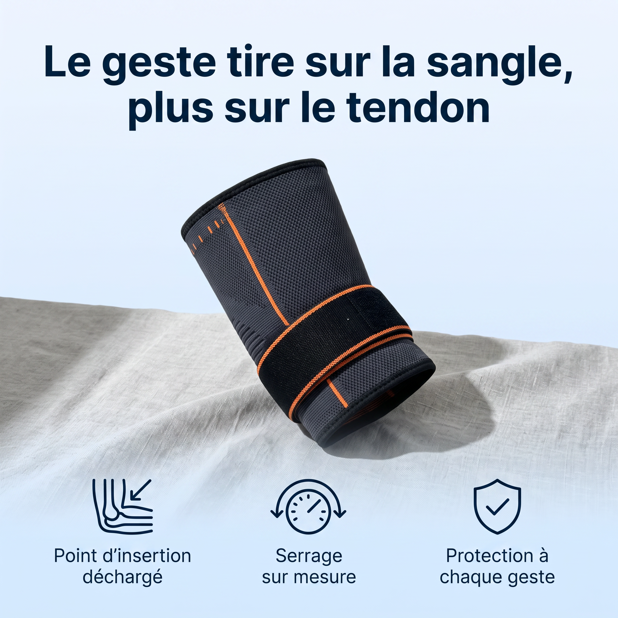 Infographie mécanisme — le geste tire sur la sangle, plus sur le tendon